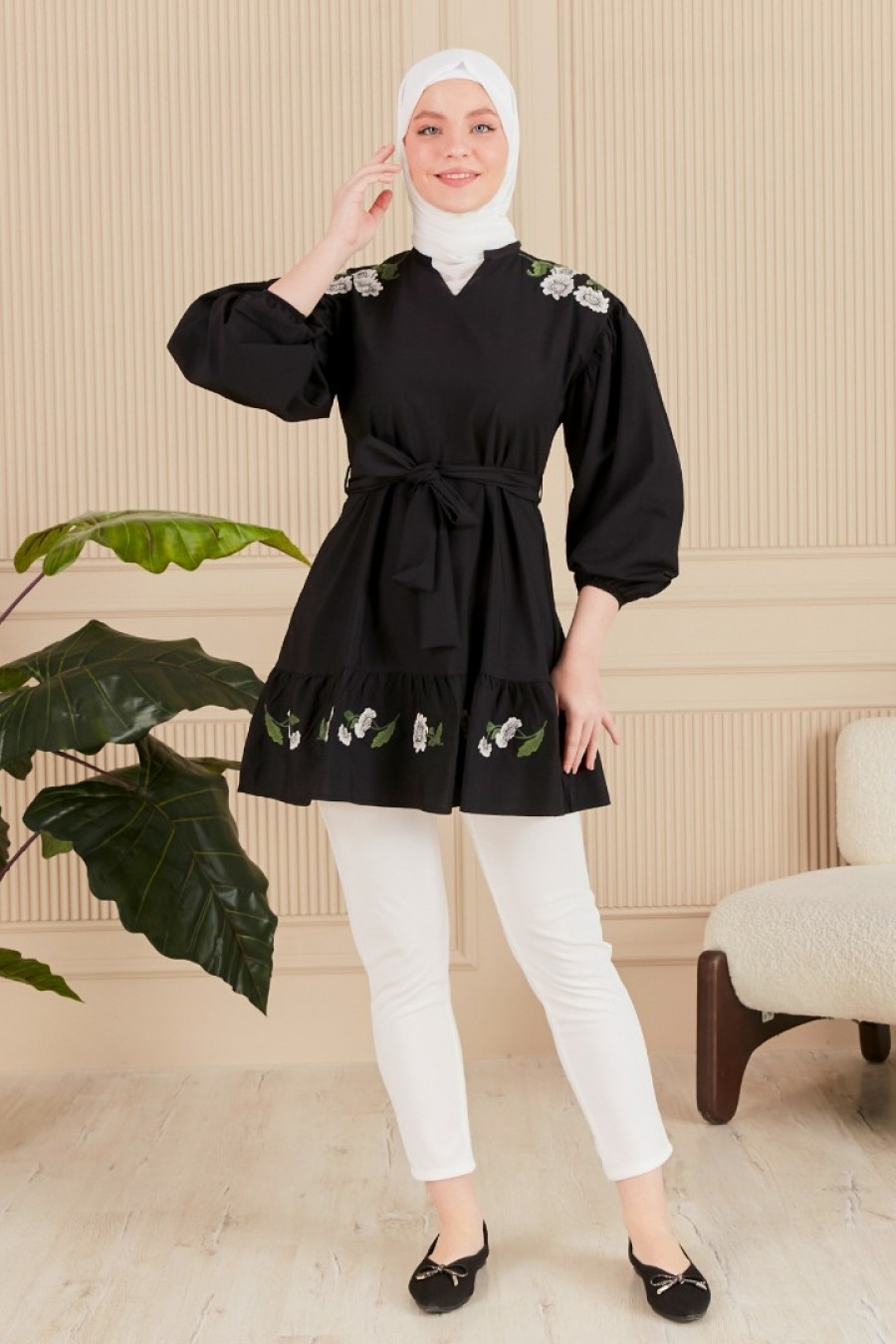 19291 ÇİÇEK NAKIŞLI KEMERLİ VUAL TUNİK