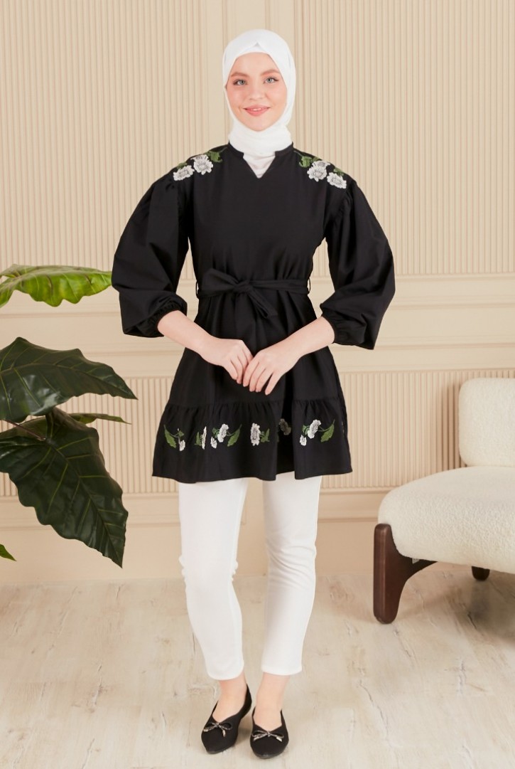 19291 HAZIR GİYİM/TUNİK/VUAL/TURUNCU ÇİÇEK/TAŞ ZEMİN/L