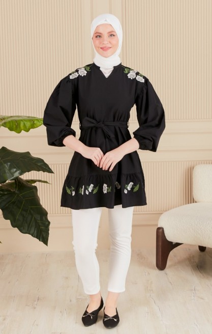 ÇİÇEK NAKIŞLI KEMERLİ VUAL TUNİK