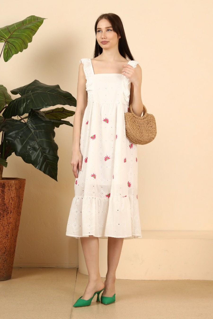 16997 Kadın Kalın Askılı Midi Fisto Elbise