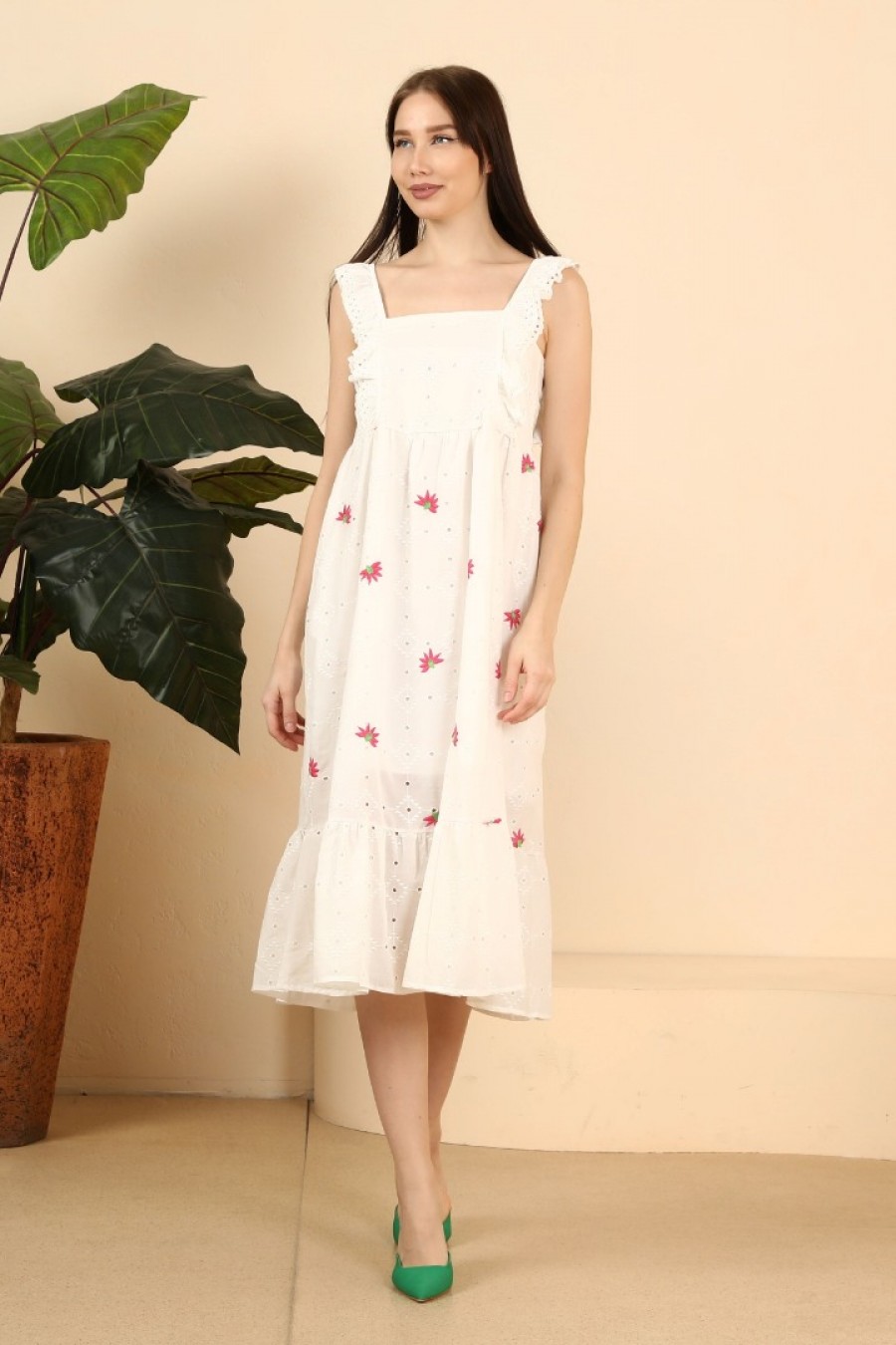 16997 Kadın Kalın Askılı Midi Fisto Elbise