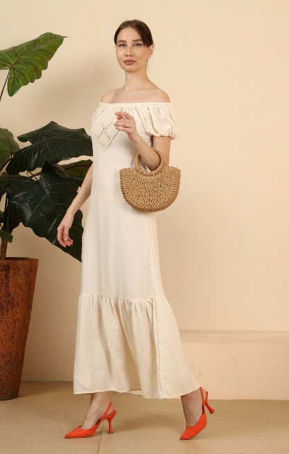 Kadın Doğal Kumaşlı Nakışlı Maxi Elbise