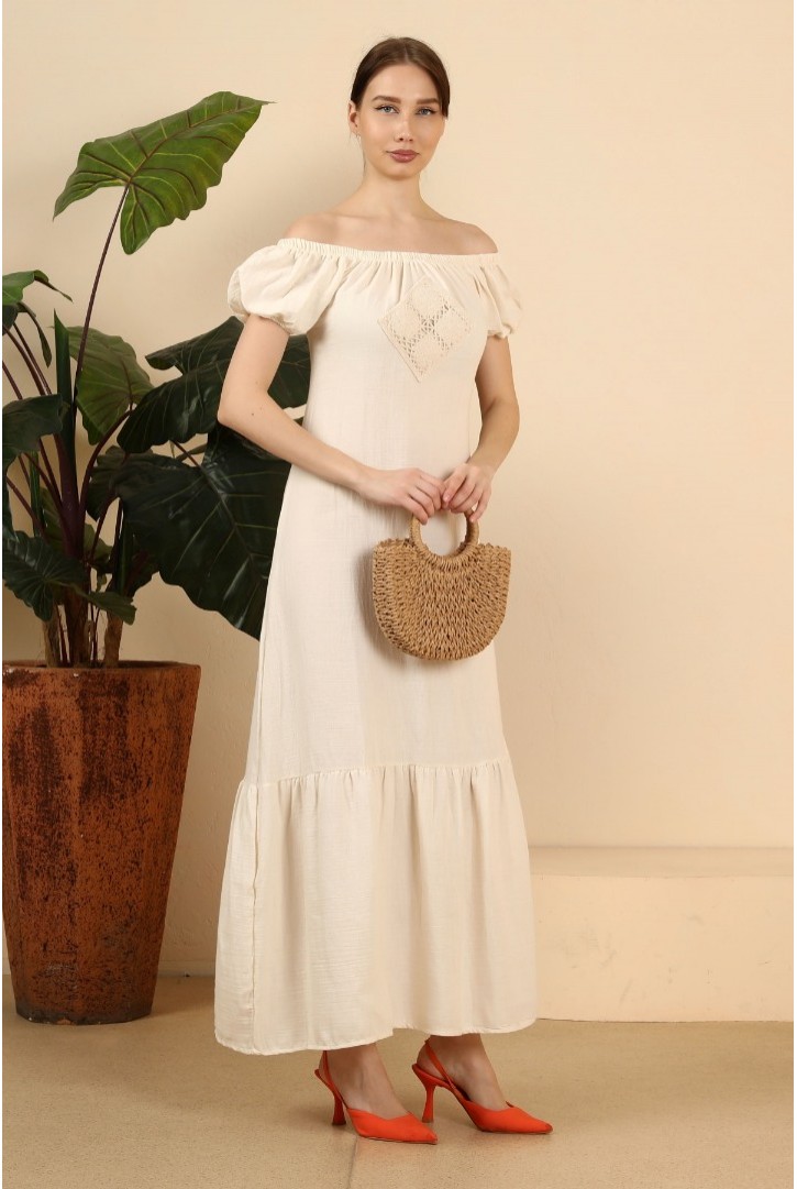 Women's Natural Fabric Embroidered Maxi Dress