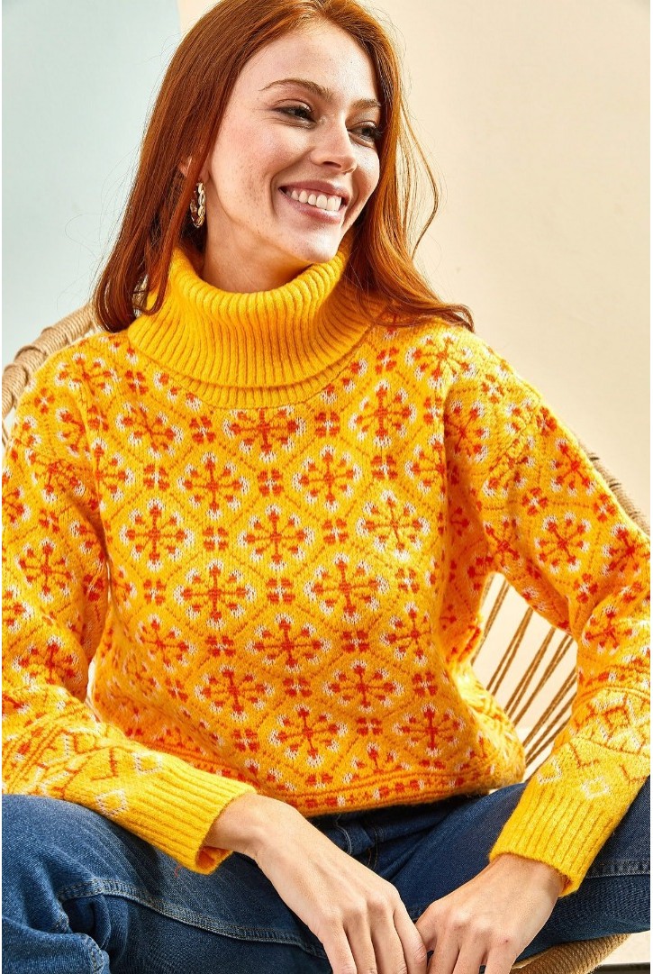 Kadın Renkli Desenli Triko Kazak