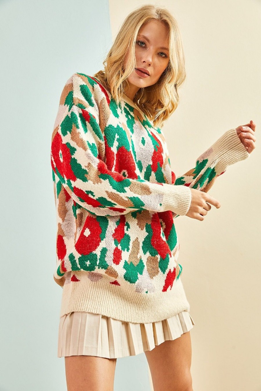 15859 Kadın Baklava Desenli Triko Kazak