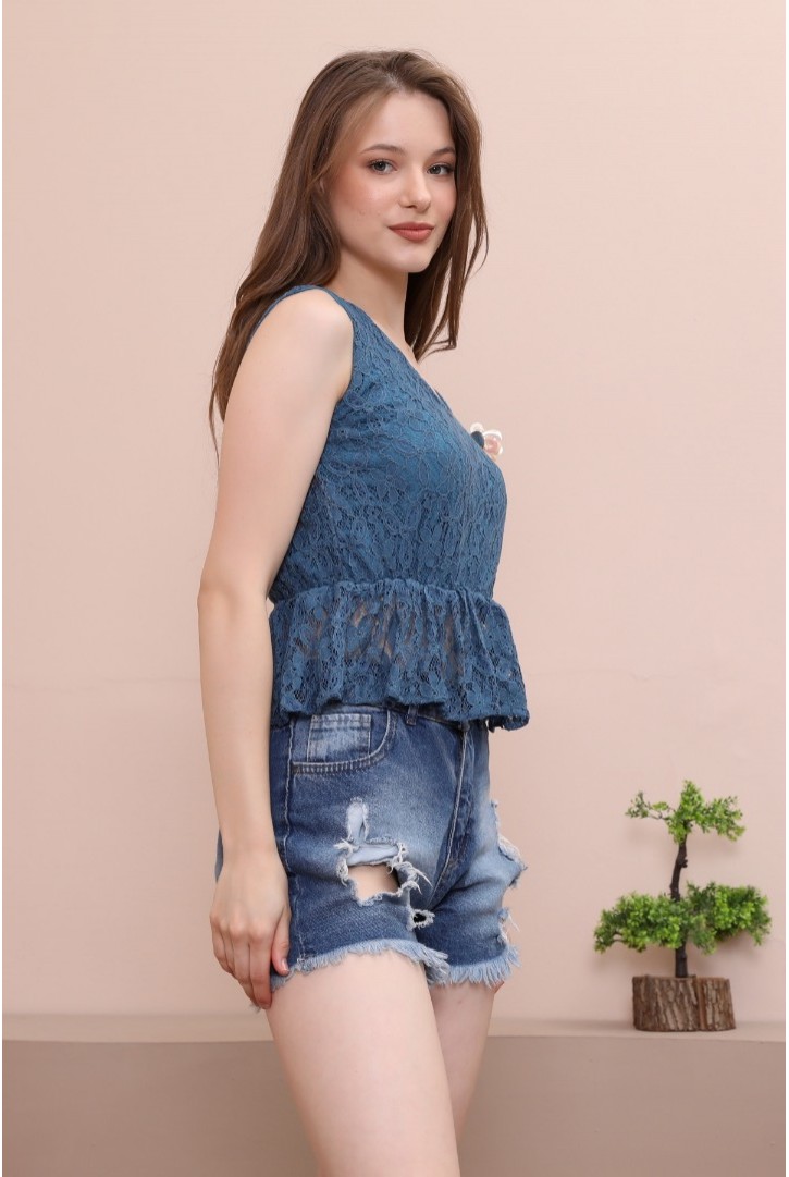 Kadın Askılı Dantel Peplum Bluz