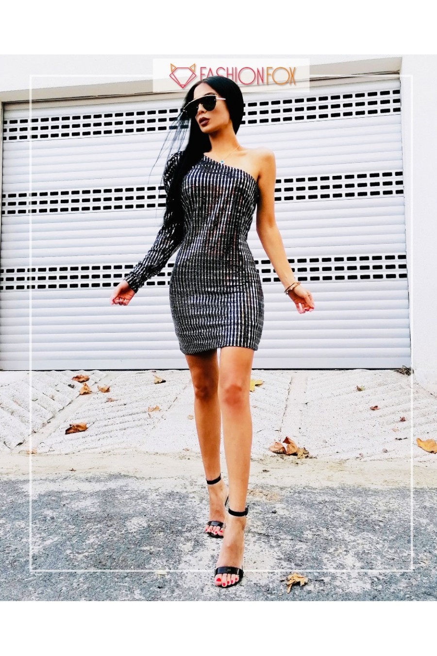 10166 Kadın Parlak Çizgili Mini Elbise