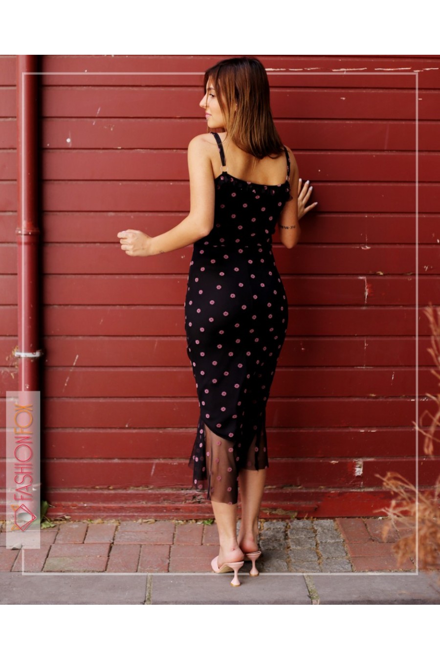 10919 Kadın Çiçek Desenli Askılı Tül Elbise