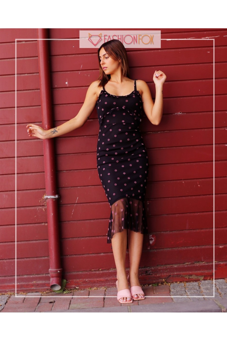 Kadın Çiçek Desenli Askılı Tül Elbise