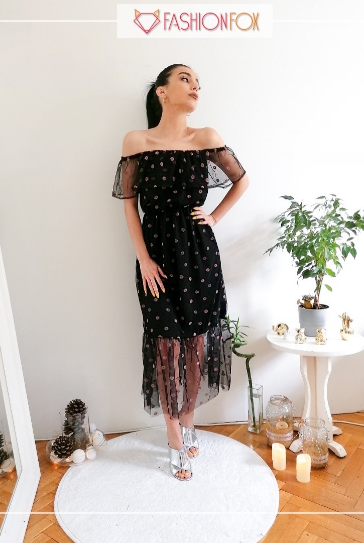 Kadın Çiçek Baskılı Madonna Yaka Elbise