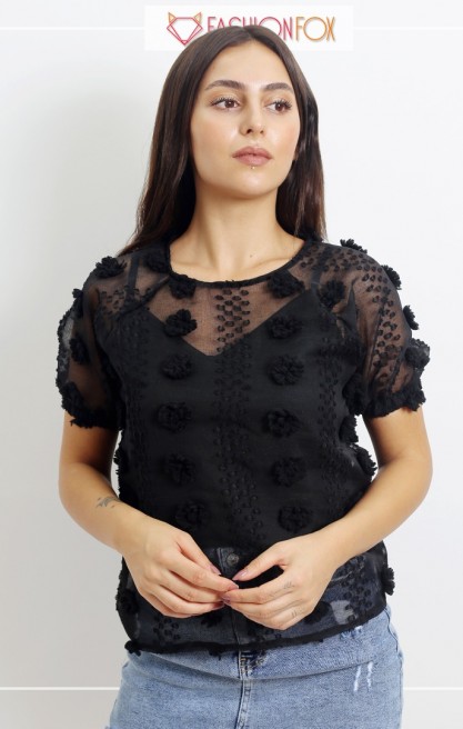 Kadın Kabartma Çiçekli Transparan Bluz