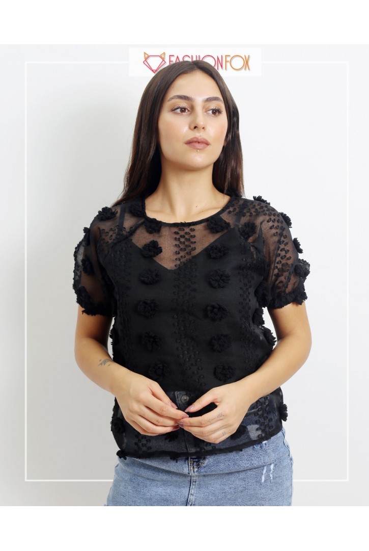 Kadın Kabartma Çiçekli Transparan Bluz