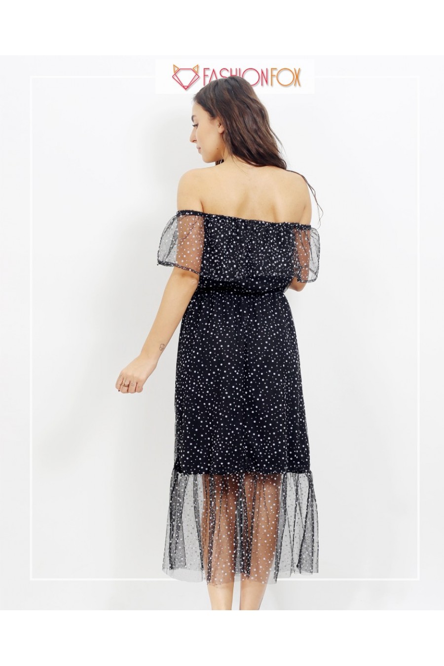 11094 Kadın Madonna Yakalı Midi Tül Elbise