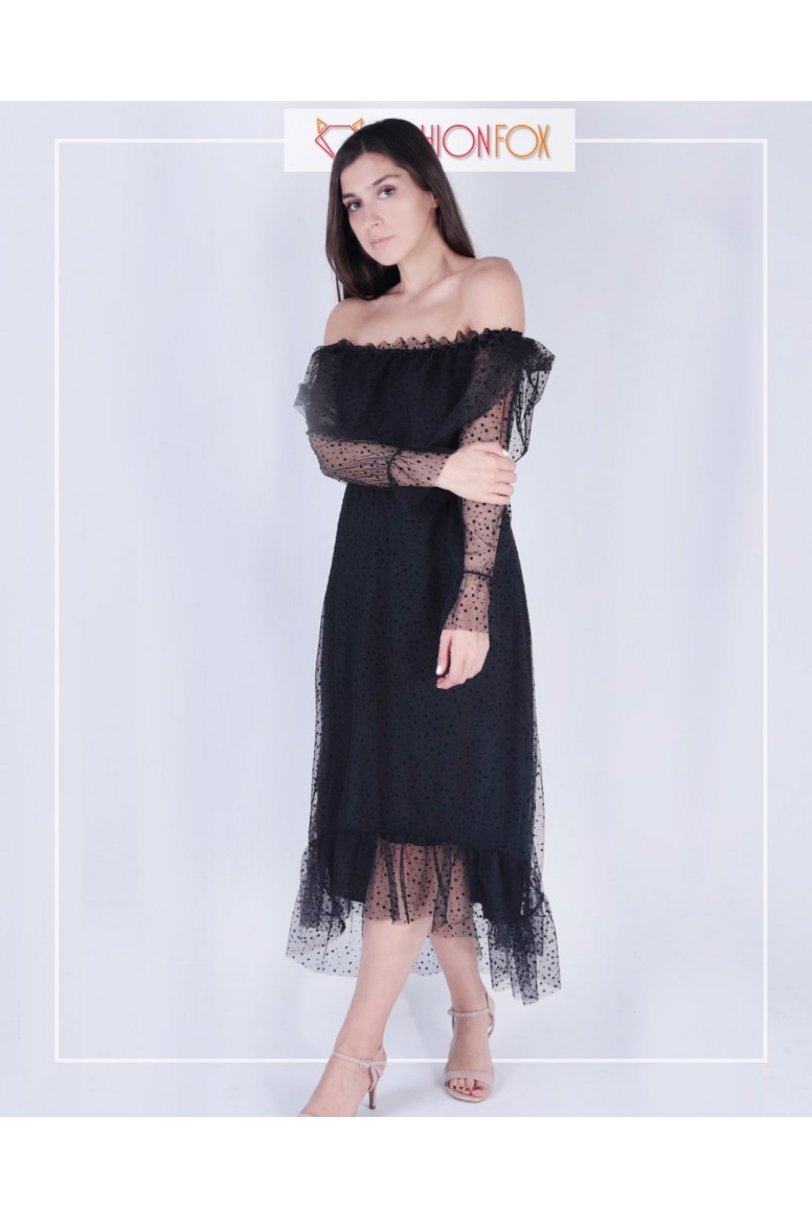 11373 Kadın Madonna Yakalı Puantiyeli Elbise