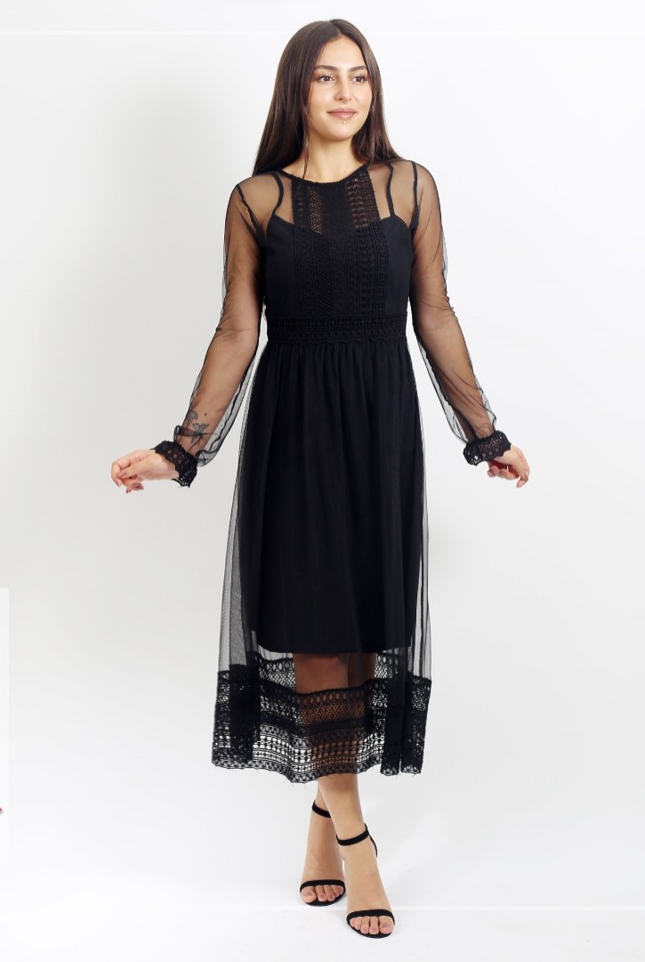 Kadın Şerit Detaylı Transparan Elbise