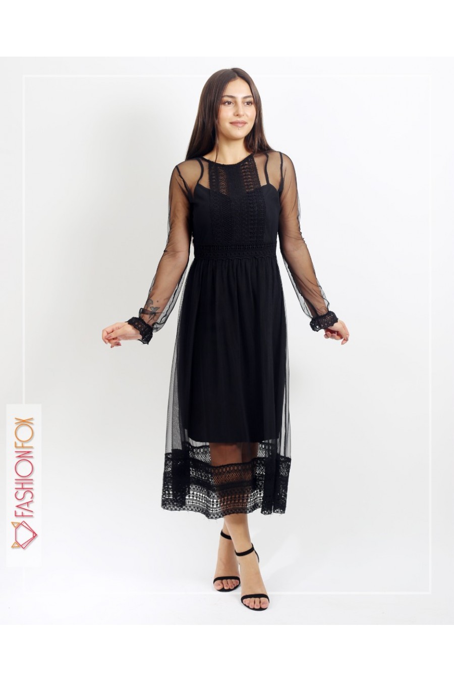 11426 Kadın Şerit Detaylı Transparan Elbise