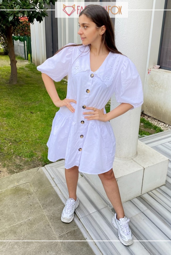 BEBE YAKA KISA KOLLU MİNİ ELBİSE