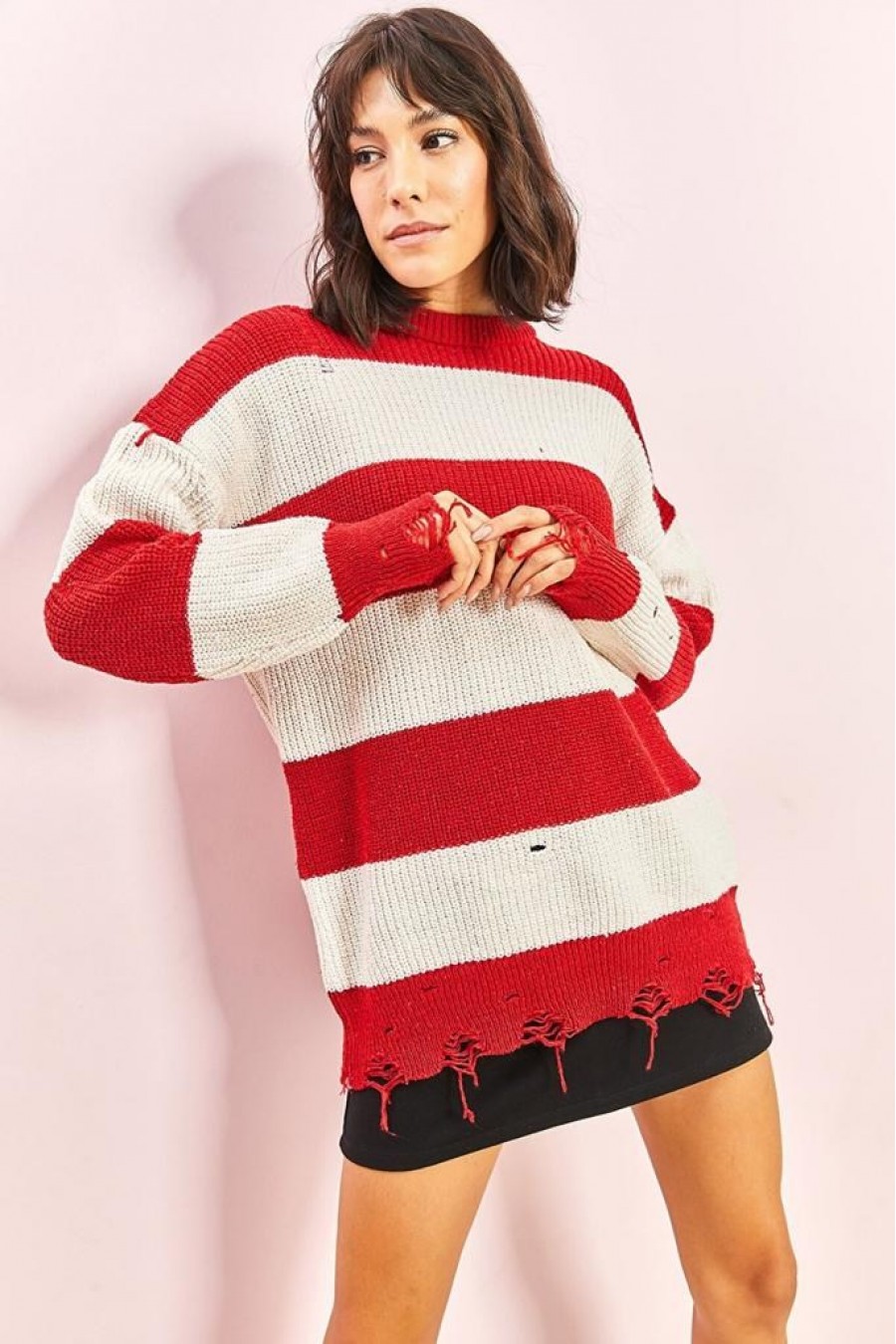 Kadın Eskitme Çizgili Triko Kazak