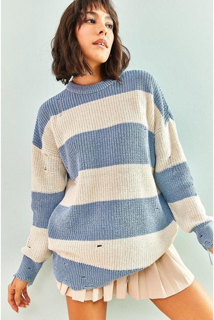 Kadın Eskitme Çizgili Triko Kazak