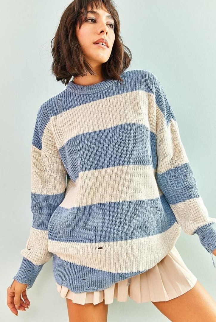 Kadın Eskitme Çizgili Triko Kazak