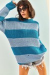 16068 Kadın Eskitme Çizgili Triko Kazak
