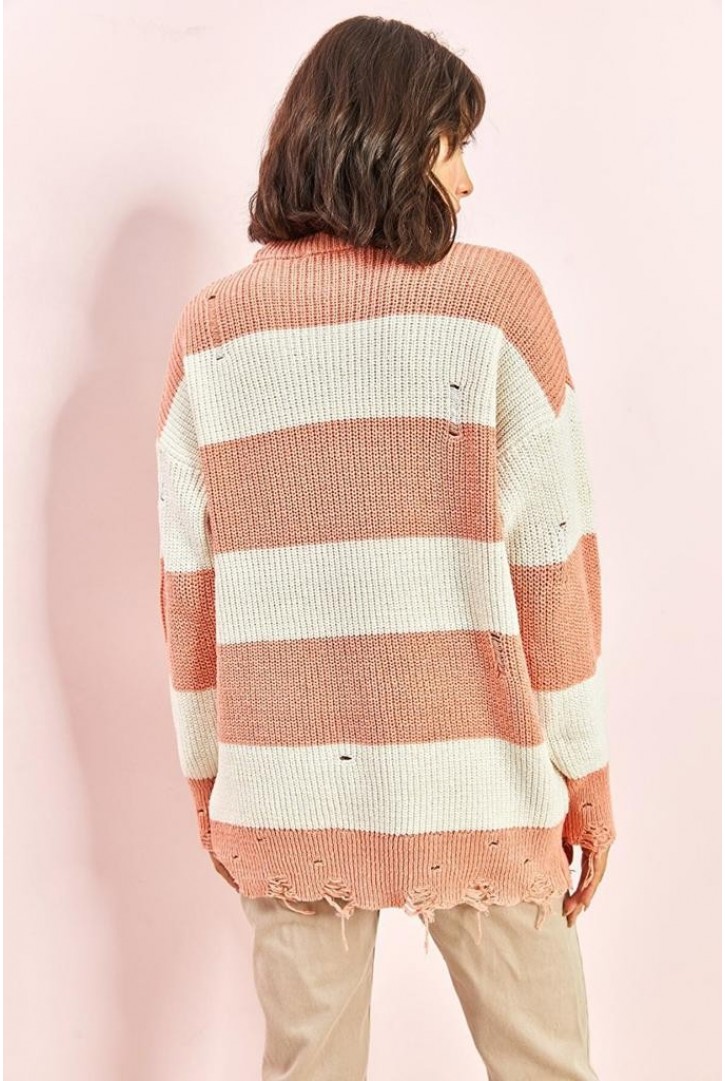 Kadın Eskitme Çizgili Triko Kazak