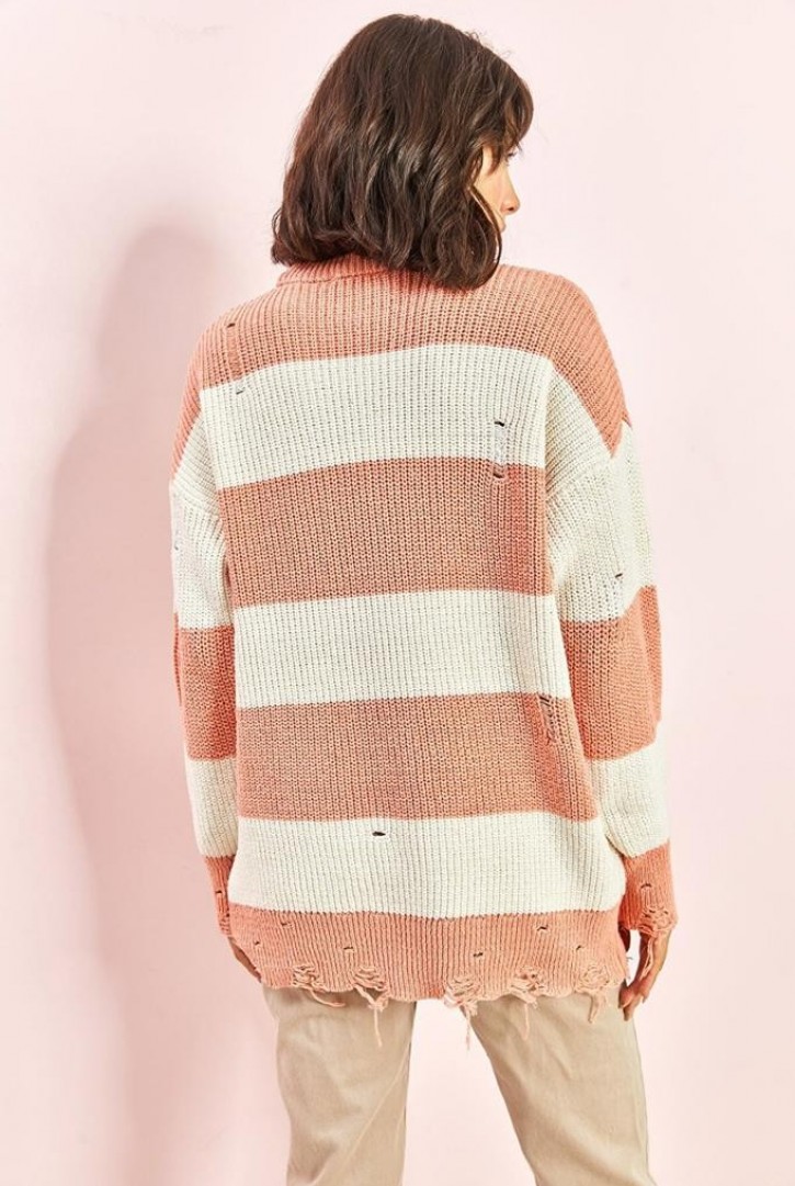 Kadın Eskitme Çizgili Triko Kazak