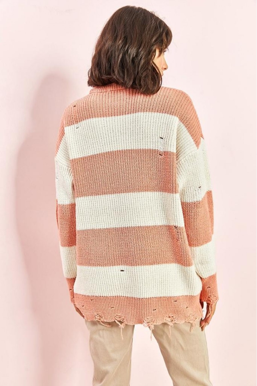 16068 Kadın Eskitme Çizgili Triko Kazak