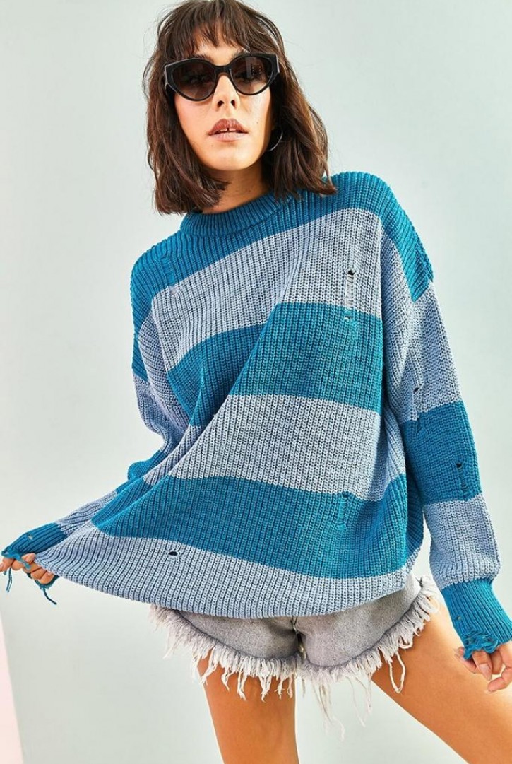 Kadın Eskitme Çizgili Triko Kazak