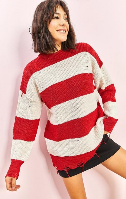 Kadın Eskitme Çizgili Triko Kazak