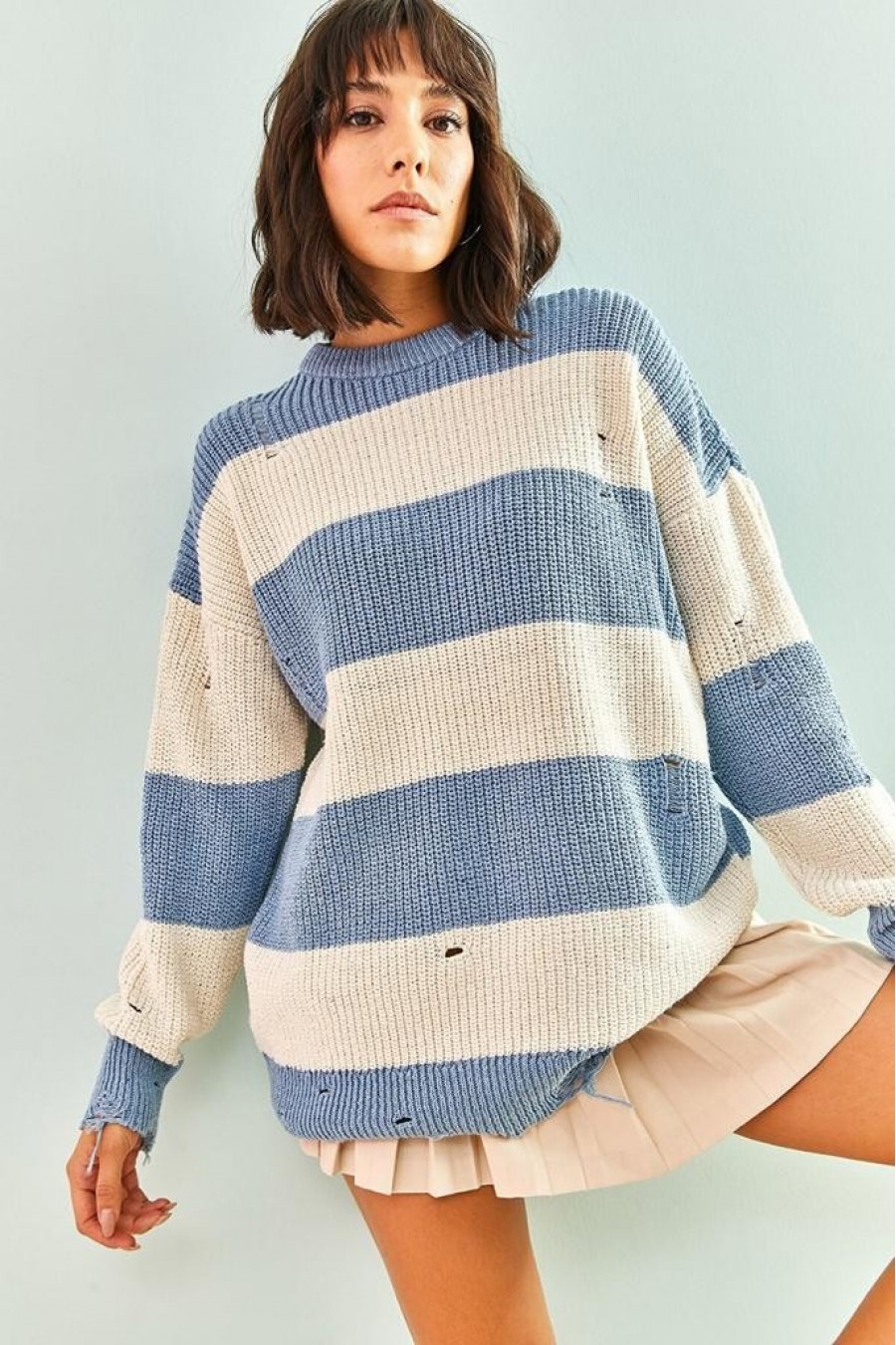 Kadın Eskitme Çizgili Triko Kazak