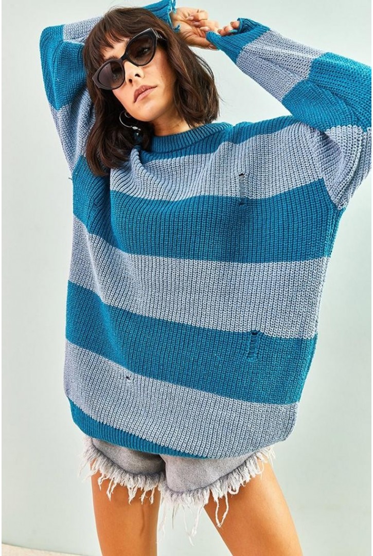 Kadın Eskitme Çizgili Triko Kazak