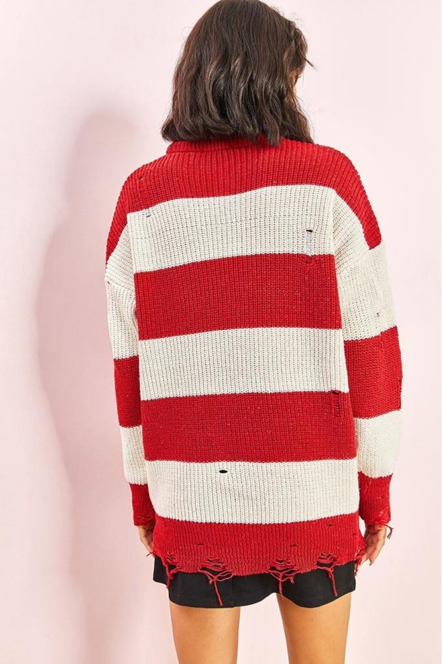 Kadın Eskitme Çizgili Triko Kazak