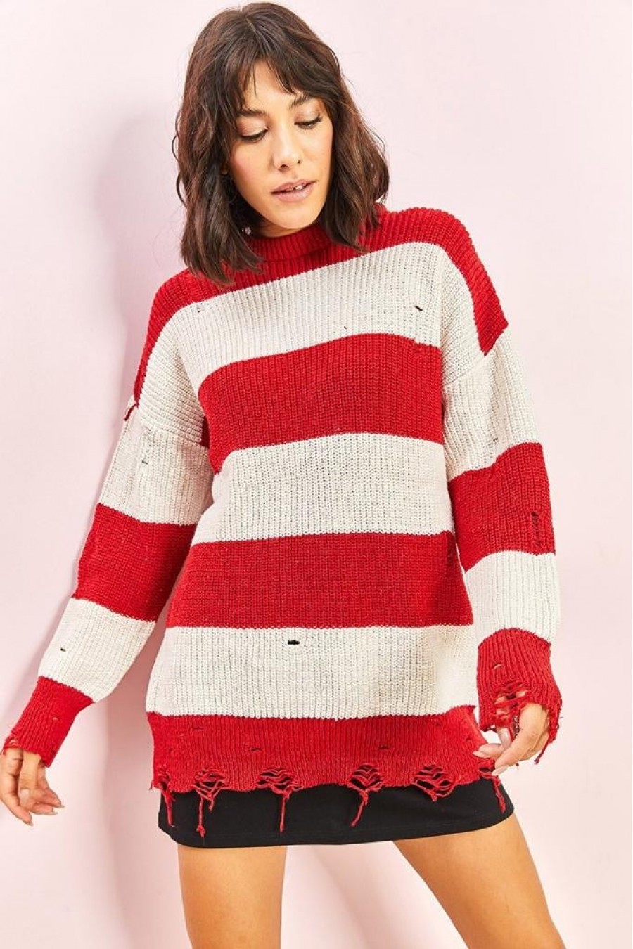 Kadın Eskitme Çizgili Triko Kazak