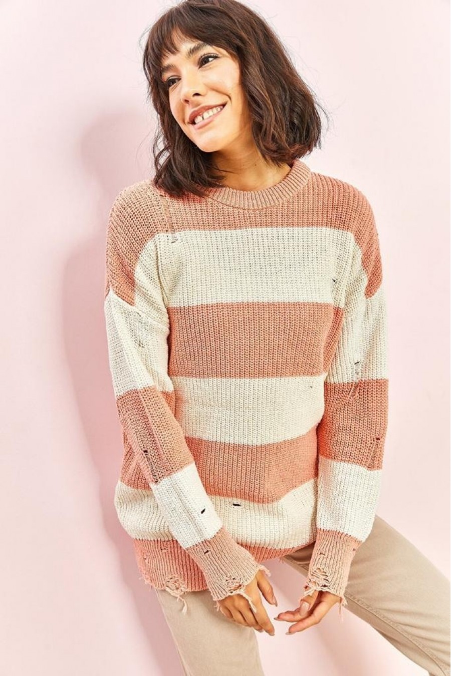 16068 Kadın Eskitme Çizgili Triko Kazak