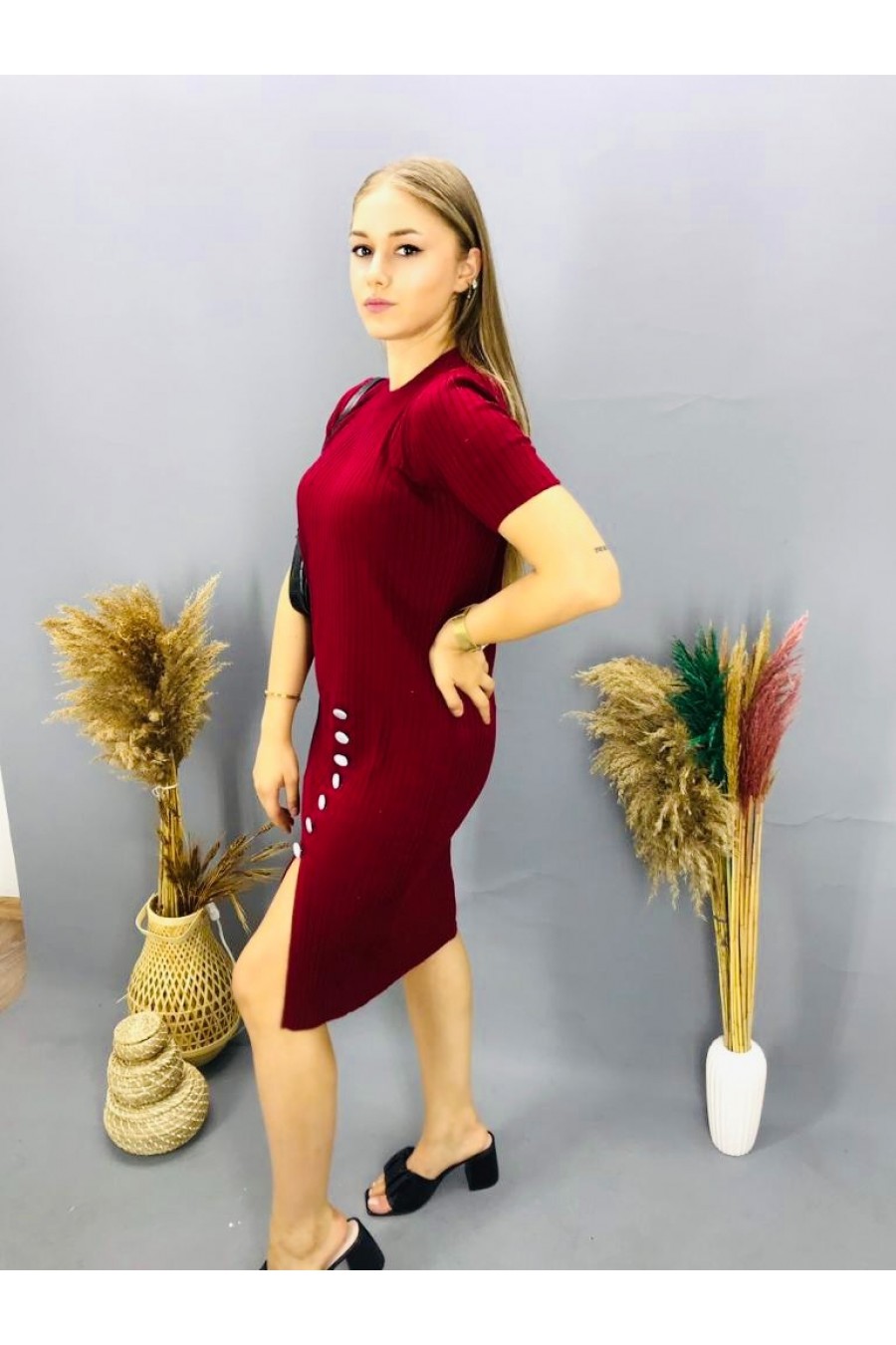 13335 Kadın Yırtmaçlı Kısa Kollu Triko Elbise