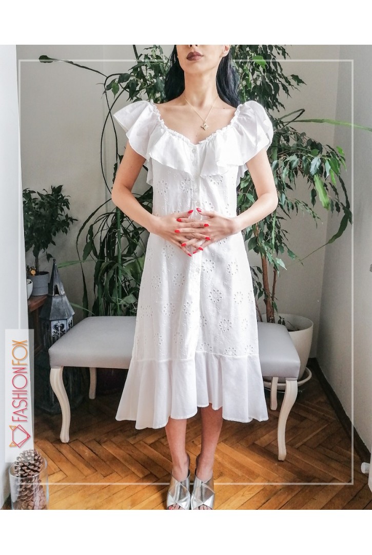 Kadın Madonna Yakalı Volanlı Midi Elbise