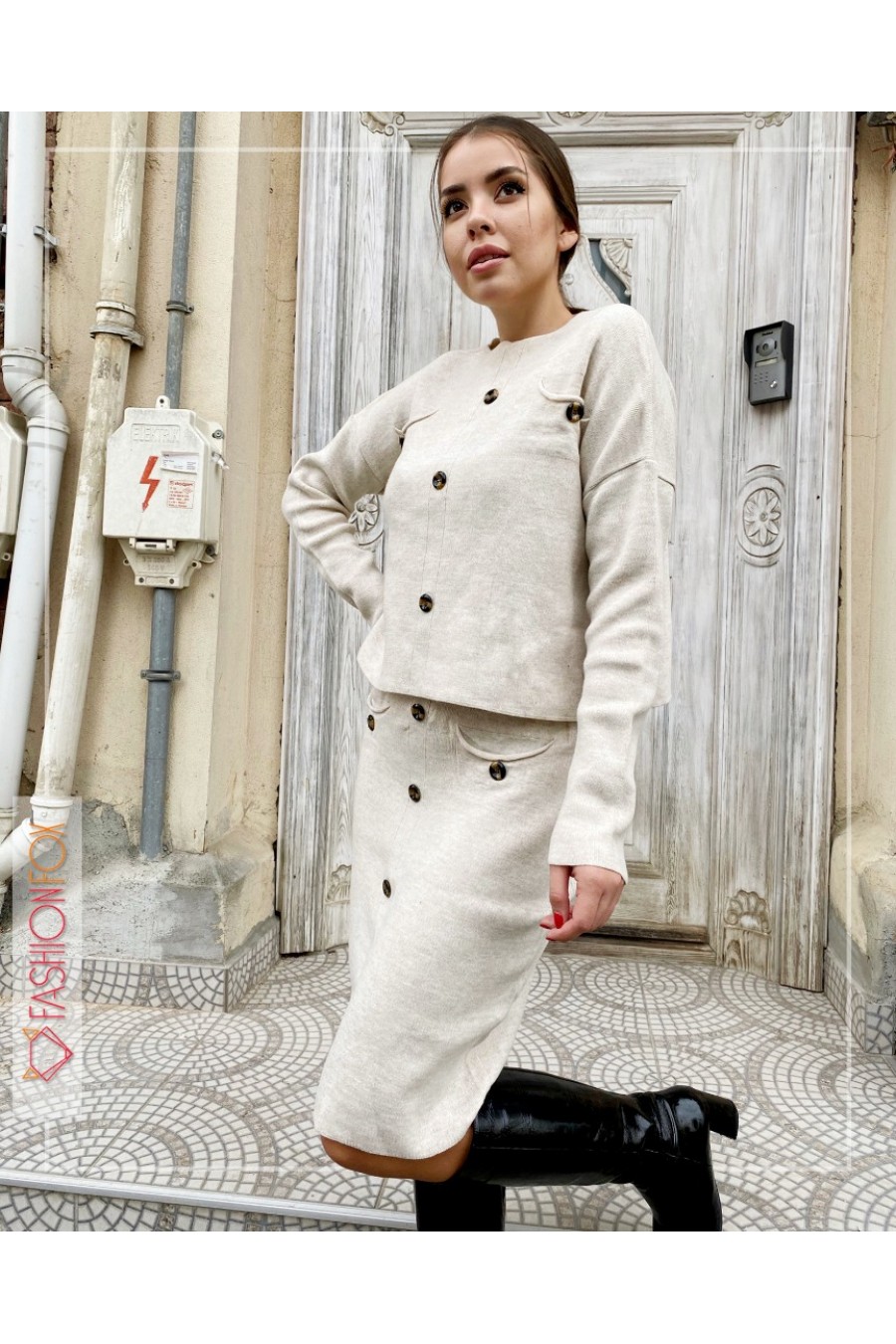 Kadın Düğmeli Triko Takım