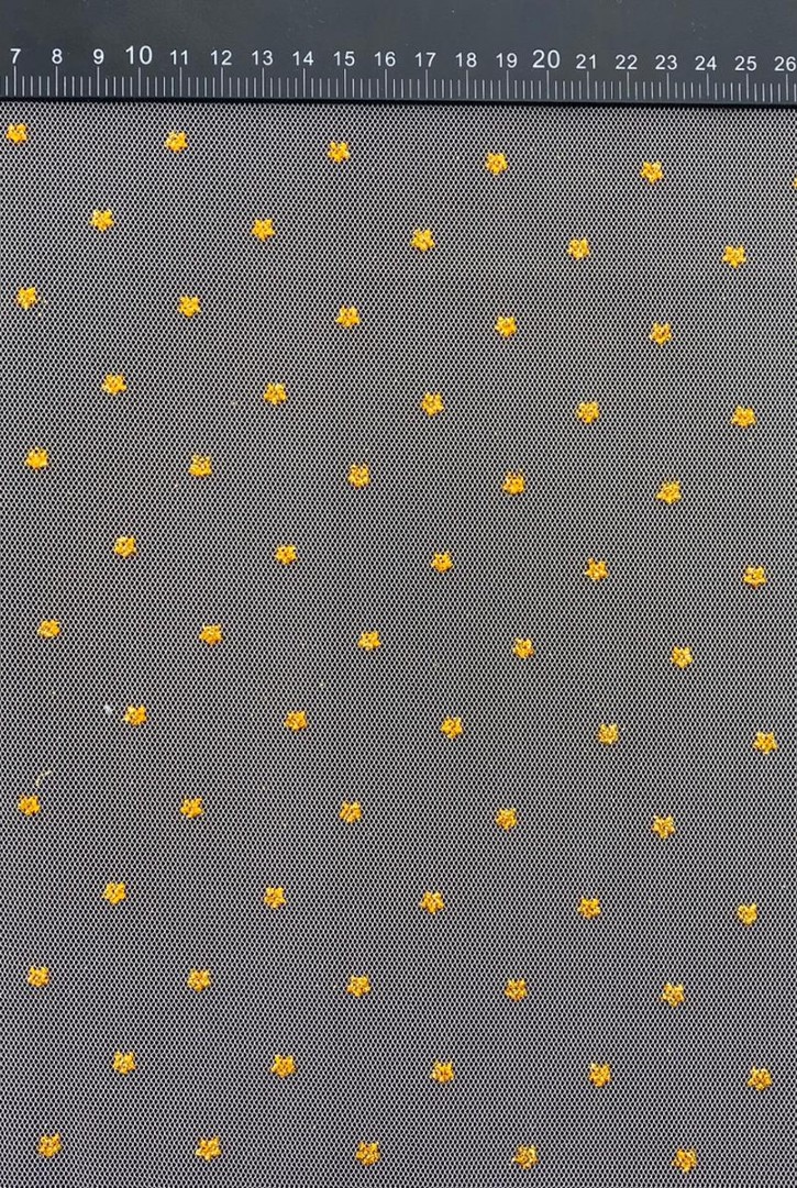 Tül Üzeri Flok Baskılı Dantel, Somon Zemin, Sarı Yıldız