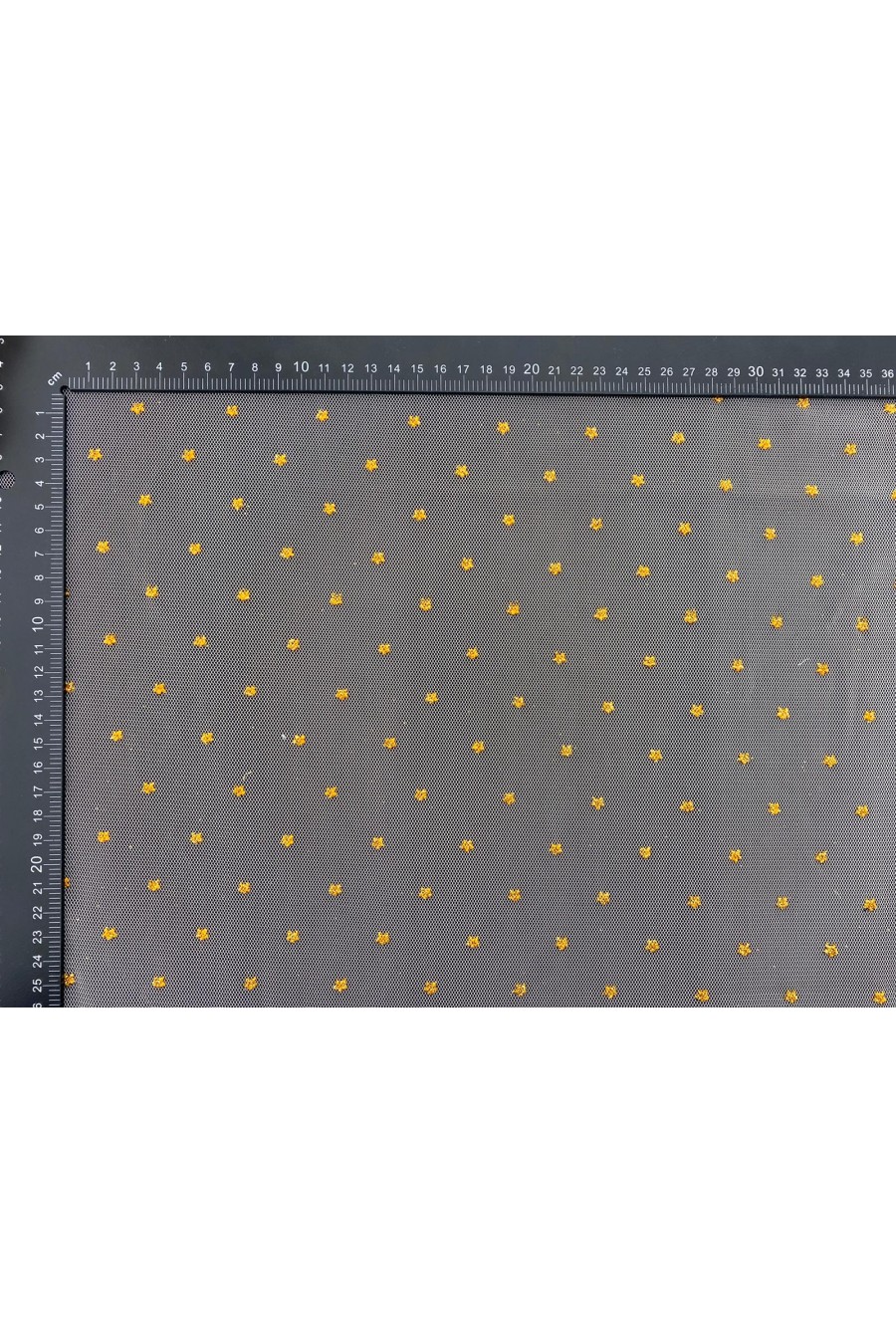 Tül Üzeri Flok Baskılı Dantel, Somon Zemin, Sarı Yıldız