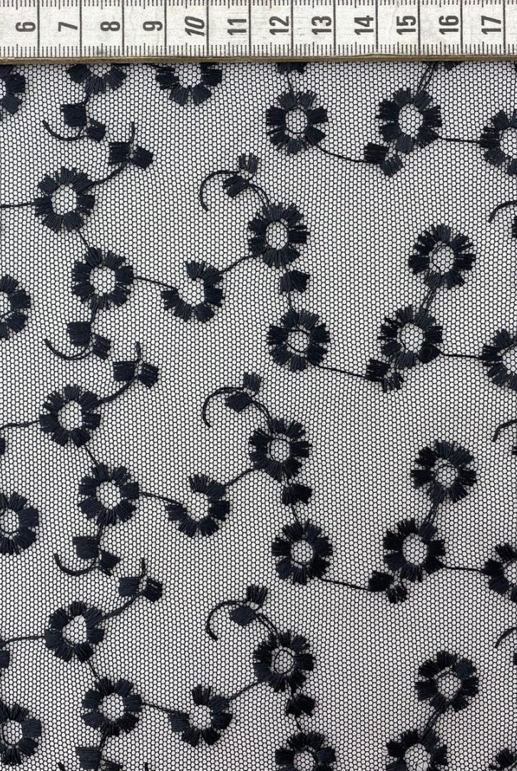 Siyah Tül Üzeri Pamuk Polyester Brode - Yerli Üretim (3129)