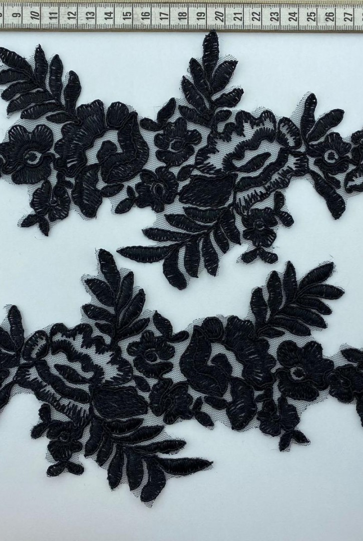 Siyah Düz Kordineli Aplik Polyester Brode Kumaş