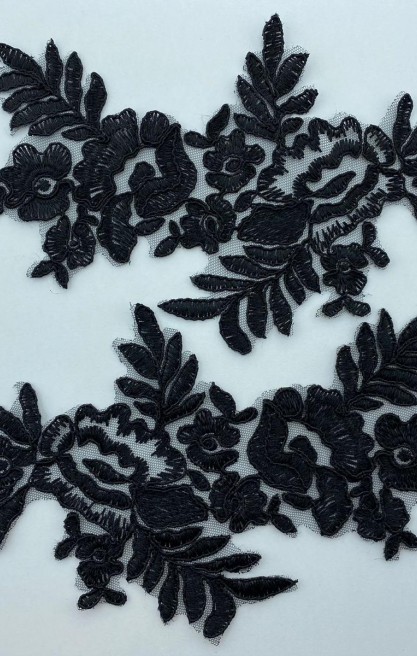 Siyah Düz Kordineli Aplik Polyester Brode Kumaş