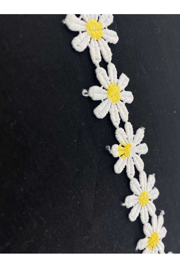 Beyaz-Sarı Papatya Desenli Brode Bant, Polyester