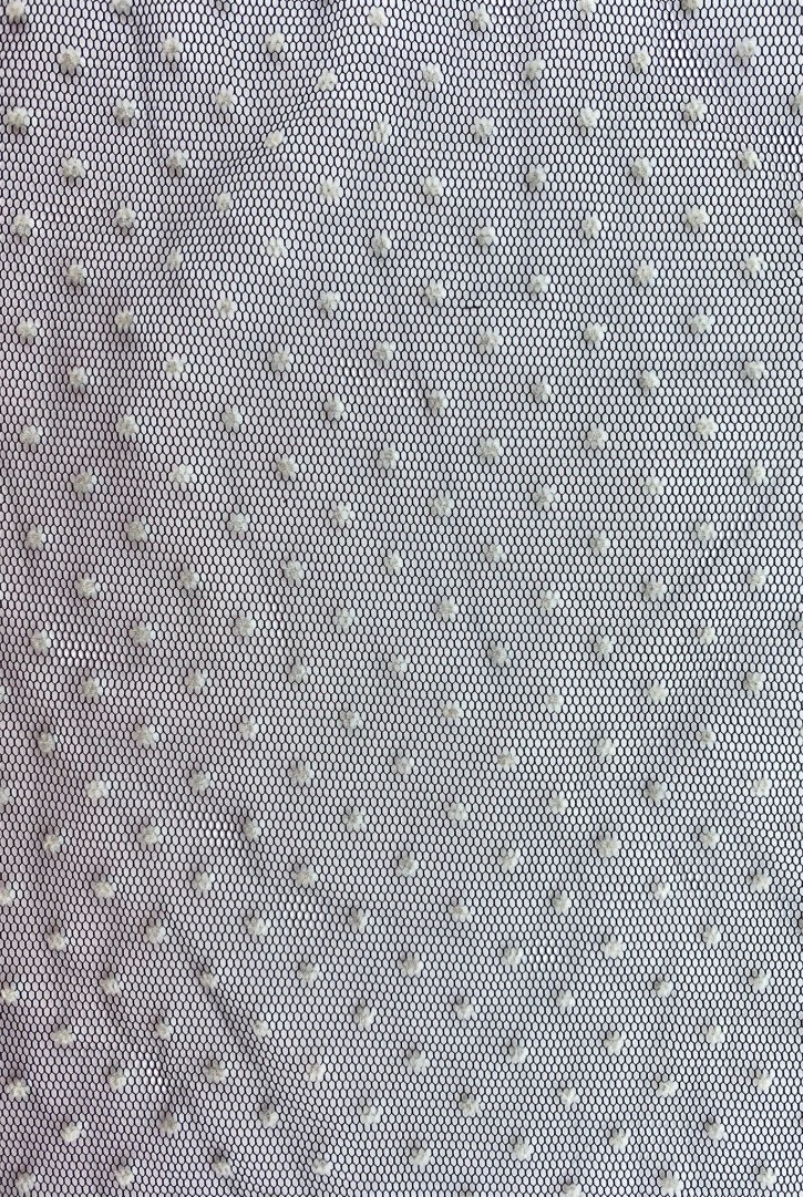 Tül Siyah Zemin Beyaz Puantiyeli Flok Baskılı Kumaş 150 cm