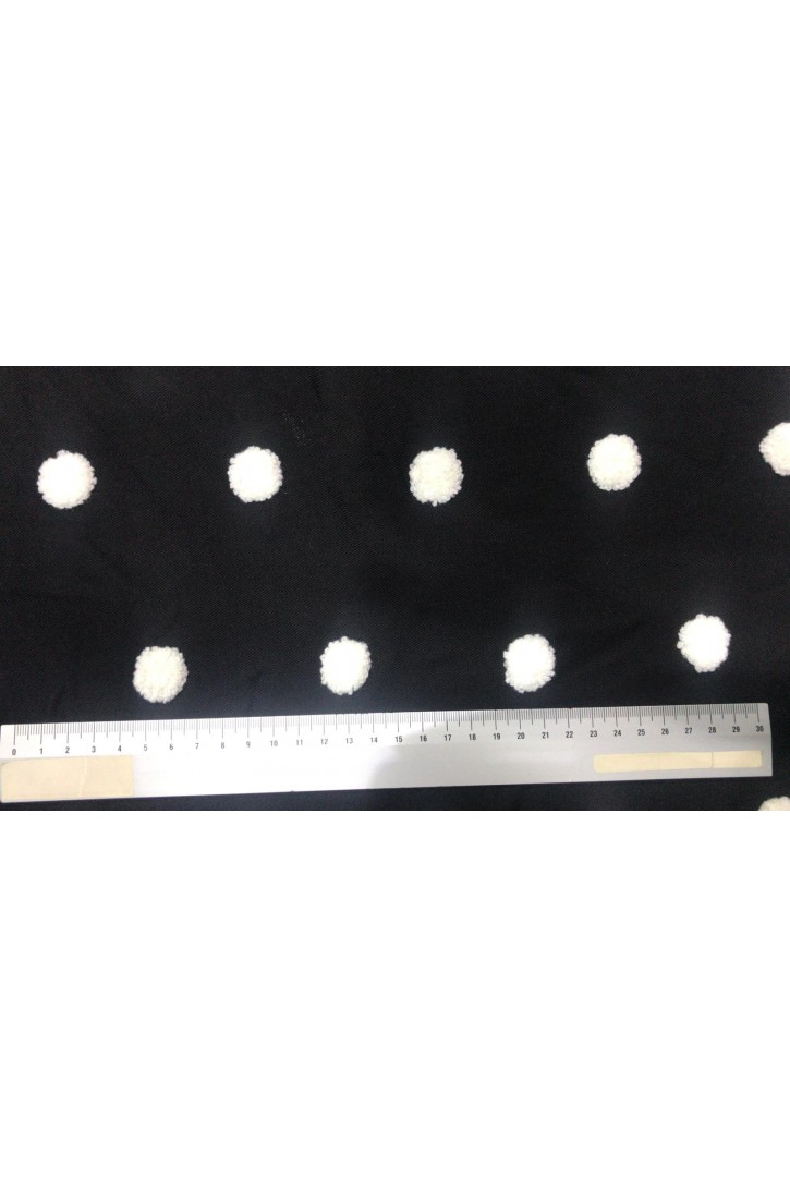 Siyah Zeminli Beyaz Ponponlu Viskon Polyester Kumaş
