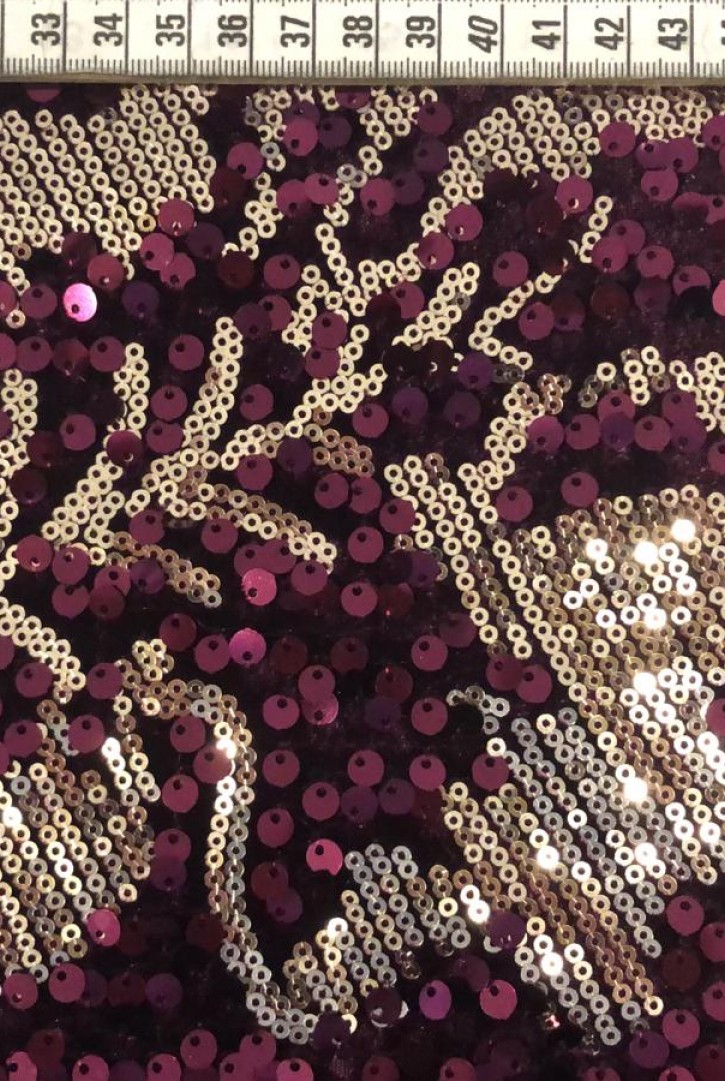 11802 KADİFE PULLU KUMAŞ/YERLİ/LEZ/POLYESTER LİKRALI/MÜRDÜM ZEMİN/GOLD