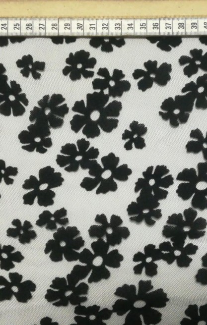 10585 TÜL ÜZERİ/İTHAL/LEZ/POLYESTER/FLOK BASKI/SİYAH/150 CM