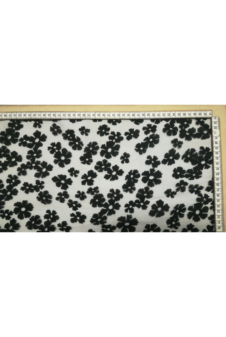 10585 TÜL ÜZERİ/İTHAL/LEZ/POLYESTER/FLOK BASKI/SİYAH/150 CM