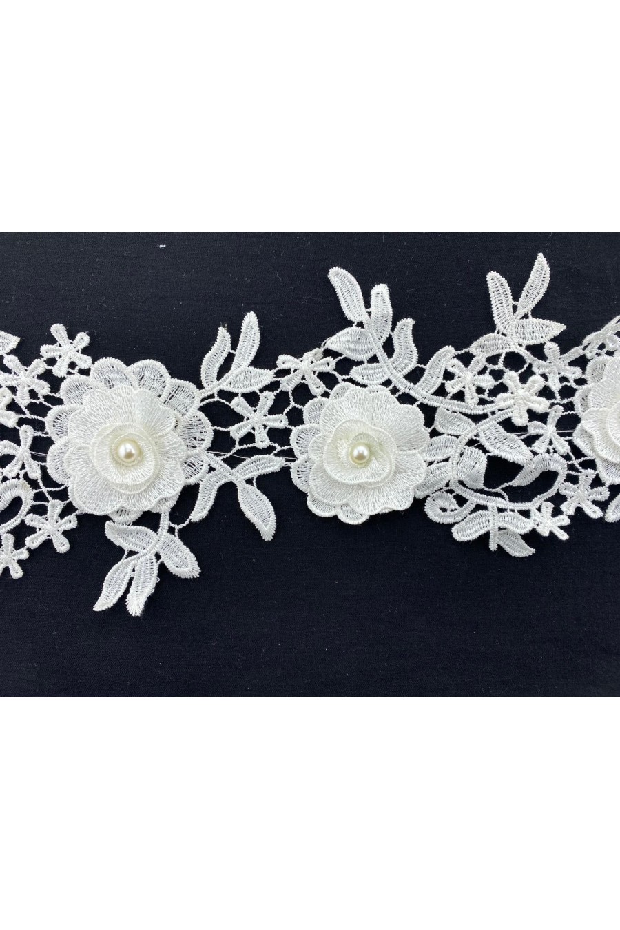 8 mm Ekru İncili Parlak Ham Yapıda 3 Boyutlu Güpür Brode Bant, İthal